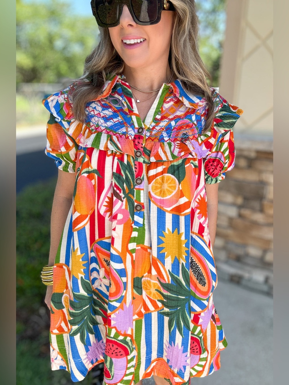 Karlie Tropical Fruit Ruffle Peter Pan Collar Dress Bright Summer Embroidered LG